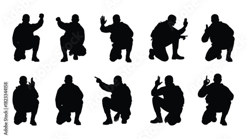 Crouching male silhouettes with hand gestures isolated on white background, Vector