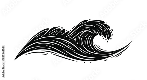 Dynamic black wave illustration with foamy crest, evoking power and movement