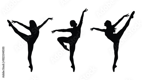 Three ballet dancer silhouettes isolated on white background, Vector