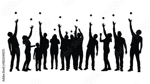 Silhouettes of joyful crowd reaching up isolated on white background, Vector