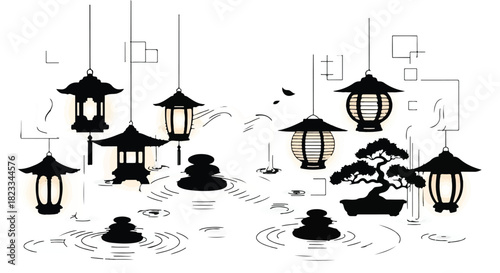 Tranquil Japanese garden scene with traditional lanterns, bonsai tree, and stacked stones.
