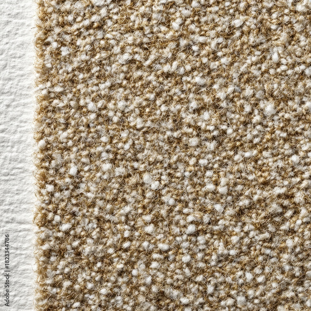 Fototapeta premium A detailed close up view of a carpet texture featuring a mix of light brown and white fibers creating a speckled effect.
