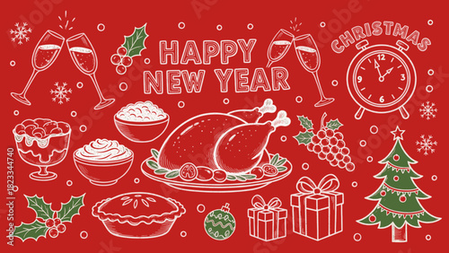 Festive New Year and Christmas illustration with food and decorations on red background.