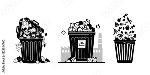 Black and White Trash Cans Depicting Waste and Environmental Concerns