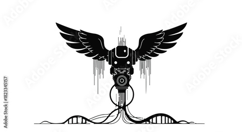 Futuristic winged robot with DNA strand connection symbolizes technology and life
