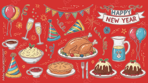 Festive New Year's spread with turkey, pie, pudding, drinks, and decorations on a red background.