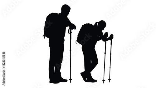 Hikers with trekking poles silhouette isolated on white background, Vector
