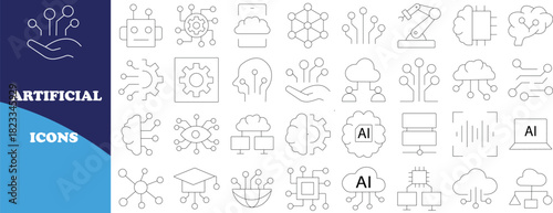 Artificial intelligence set of web icons in line style. AI technology icons for web and mobile app. Machine learning, digital AI technology, algorithm, smart robotic, cloud computing network 