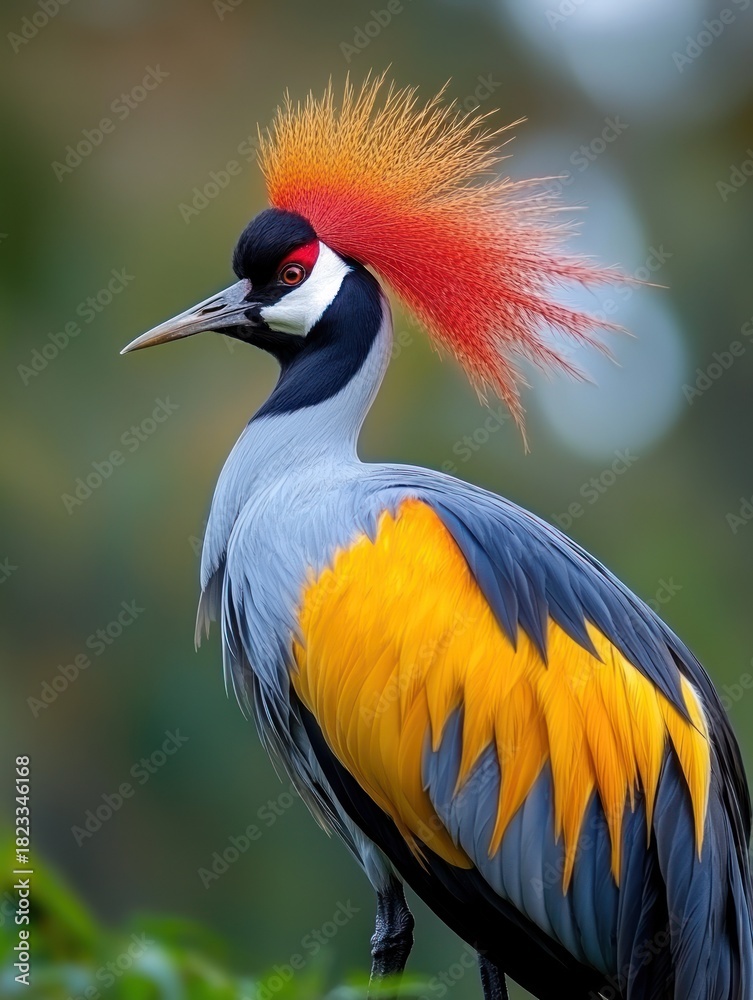 Obraz premium Colorful crowned crane portrait, bird with ornate plumage, green foliage blurred