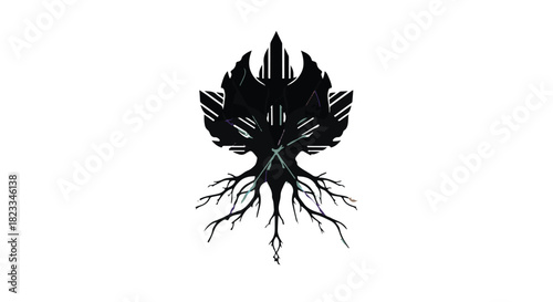 Abstract dark symbol of a stylized tree with roots against a white background, representing growth and origin.
