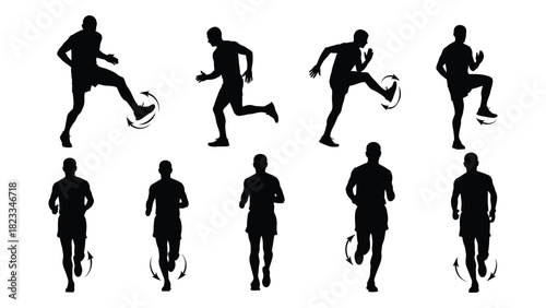 Running and exercise drills silhouettes isolated on white background, Vector