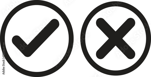 Black Check Mark (Tick) and Cross Mark (X) in Circles Icon Set - Vector Yes/No, Approved/Rejected, Correct/Incorrect Symbols, Isolated UI Elements