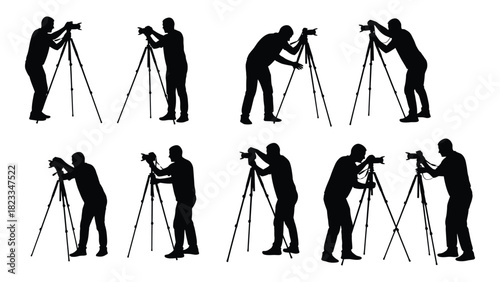 Photographer silhouettes with tripods isolated on white background, Vector