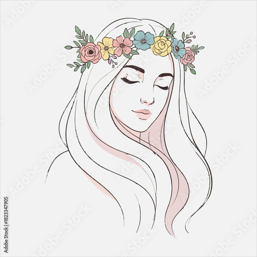 Serene woman with colorful floral crown art