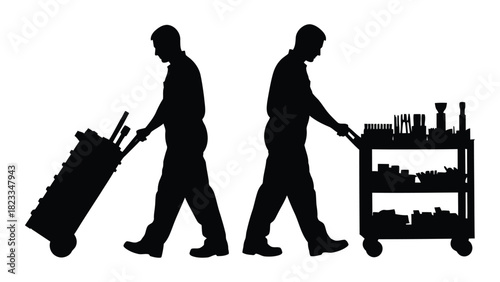 Workers pushing tool carts silhouette isolated on white background, Vector
