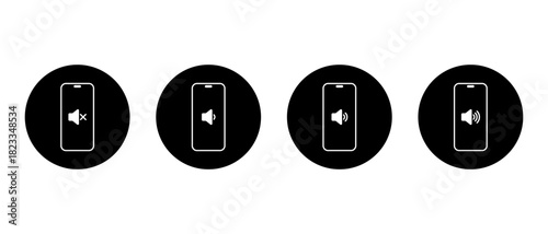 Smartphone speaker icon in black circle. Mobile phone sound level symbol. Cellphone volume sign