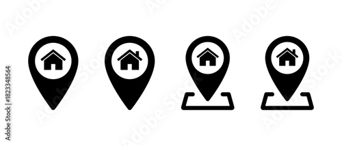 Home location pin icon set. Real estate, house address, and property map symbol