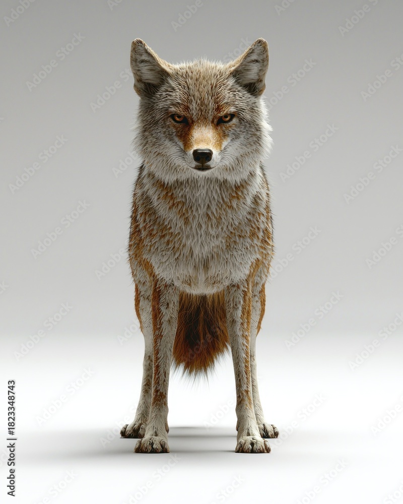 Obraz premium Focused coyote standing, full frontal, with tan fur and a watchful gaze
