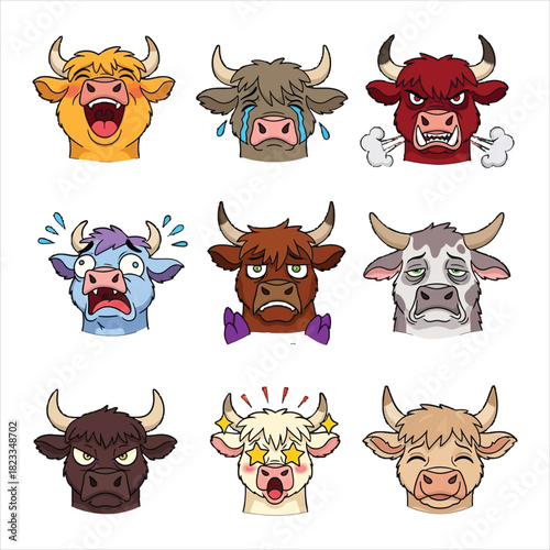 Cute cartoon bull and cow head expressions