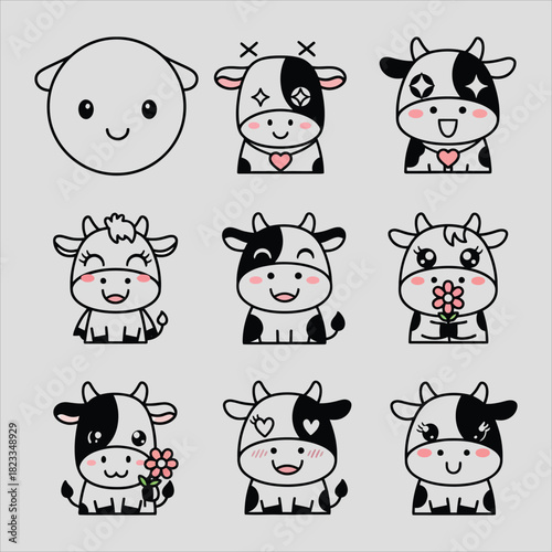 Adorable cartoon cow character set design