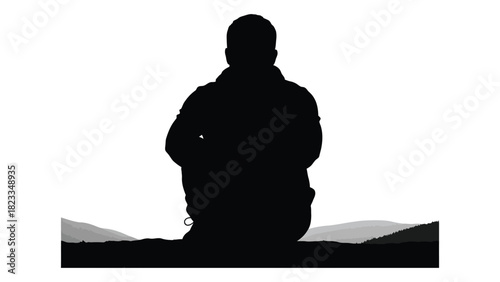 Solitary man silhouette in landscape isolated on white background, Vector