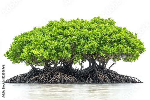 Vibrant mangrove island showcases lush greenery and intricate roots in serene waters under bright sunshine