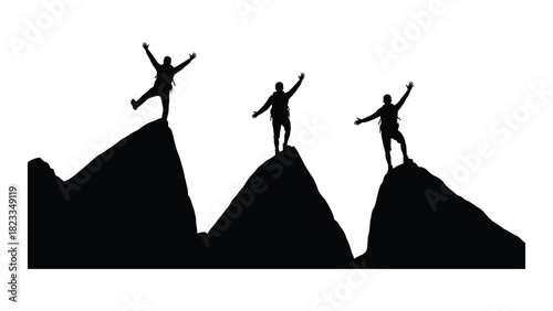 Triumphant mountain climber silhouettes isolated on white background, Vector