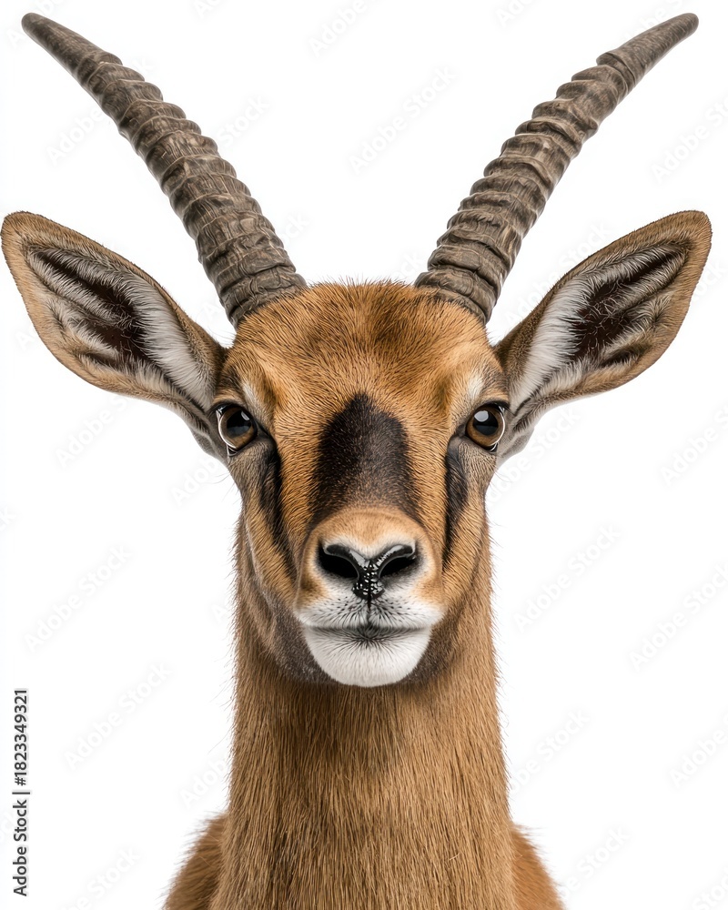 Fototapeta premium Frontal close-up of a tan gazelle with curved, ridged horns against a white background