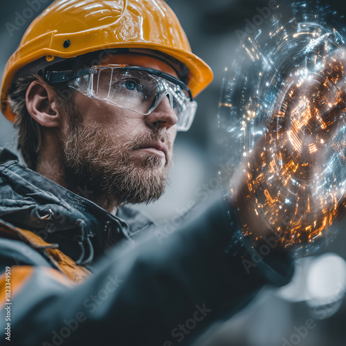 A man wearing a yellow hard hat is looking at a computer screen. He is wearing safety glasses and a reflective vest. Concept of focus and concentration as the man looks at the computer screen