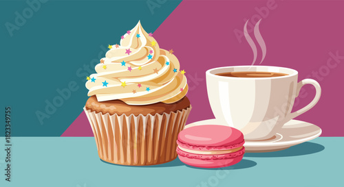A delicious vanilla cupcake with colorful sprinkles sits beside a pink macaron and a steaming cup of coffee on a textured table surface.