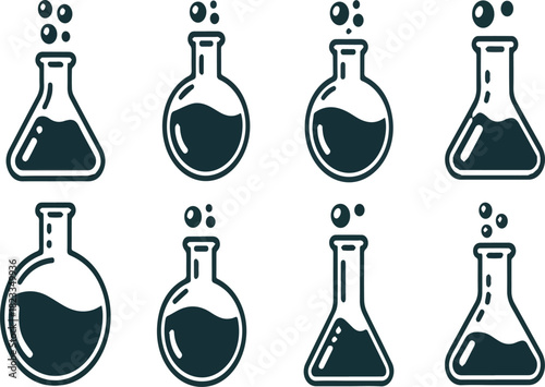 Set of eight dark blue chemical laboratory flasks with bubbling liquid science chemistry