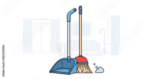 A pair of cleaning tools including a broom and dustpan sit ready for use.