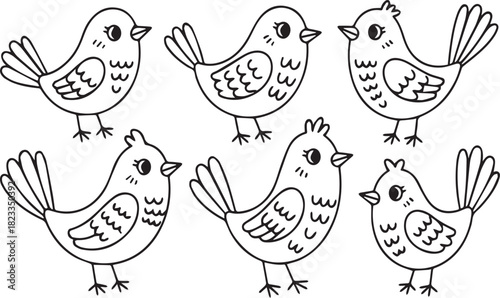 Six cartoon birds with black outlines on a white background drawing illustration