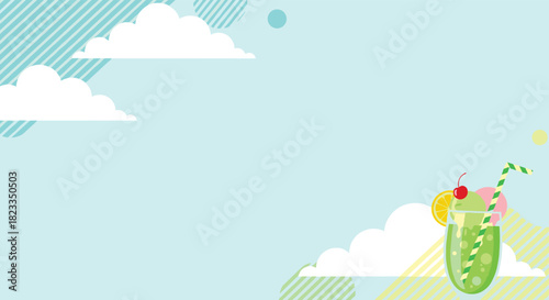 Refreshing summer drink with ice cream and fruit in a clear glass on a sunny day.