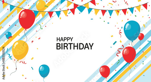 Happy birthday with balloons and confetti decorations.