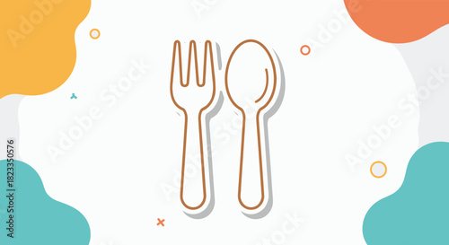 Simple outline illustration of a fork and spoon against a white background with colorful abstract shapes and small decorative elements.