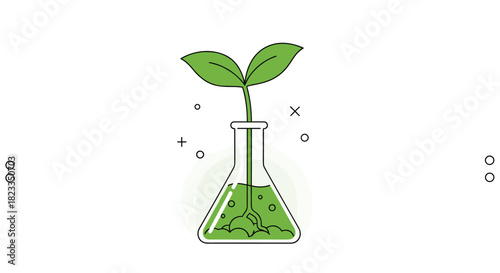 Illustration of a plant growing in a scientific flask representing growth and development.