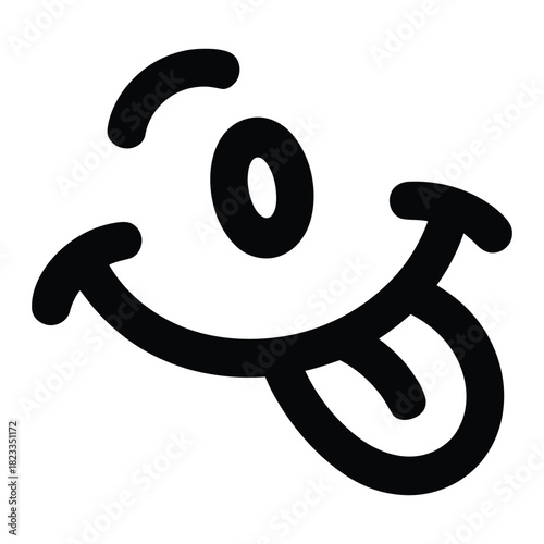 A playful and silly cartoon face with its tongue sticking out, drawn with thick black lines on a clean, conveying a sense of fun and humor