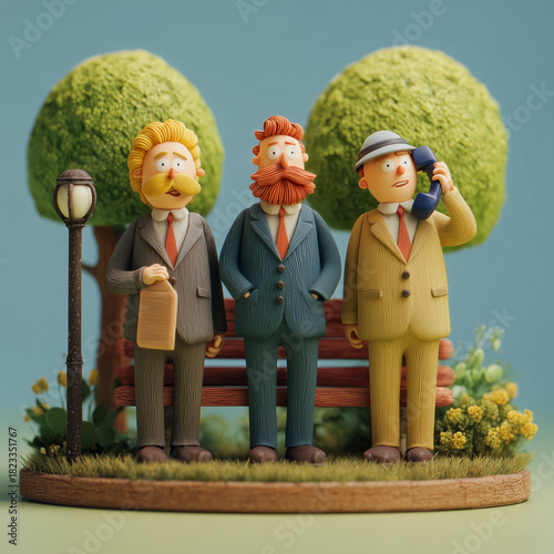 Three men are sitting on a bench in a park. One of them is talking on a cell phone. The scene is set in a park with trees and grass