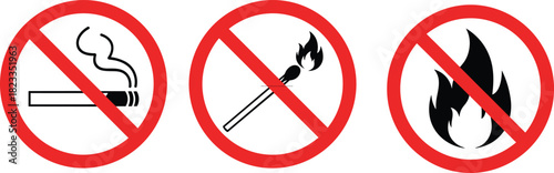 Prohibition symbol illustration set, black and red vector, no smoking, no matches, no fire, safety warning icons