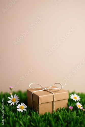 A Small Brown Gift Box Adorned with a Simple Twine Bow Rests Gently Among Vibrant Green Grass and Delicate Wildflowers, Creating a Serene and Festive Scene.