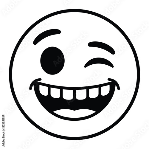 A humorous winking emoji with a wide, toothy grin, conveying amusement and happiness
