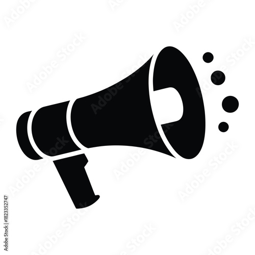 Black megaphone icon, a powerful symbol for announcements, public address, marketing, communication, and broadcasting messages