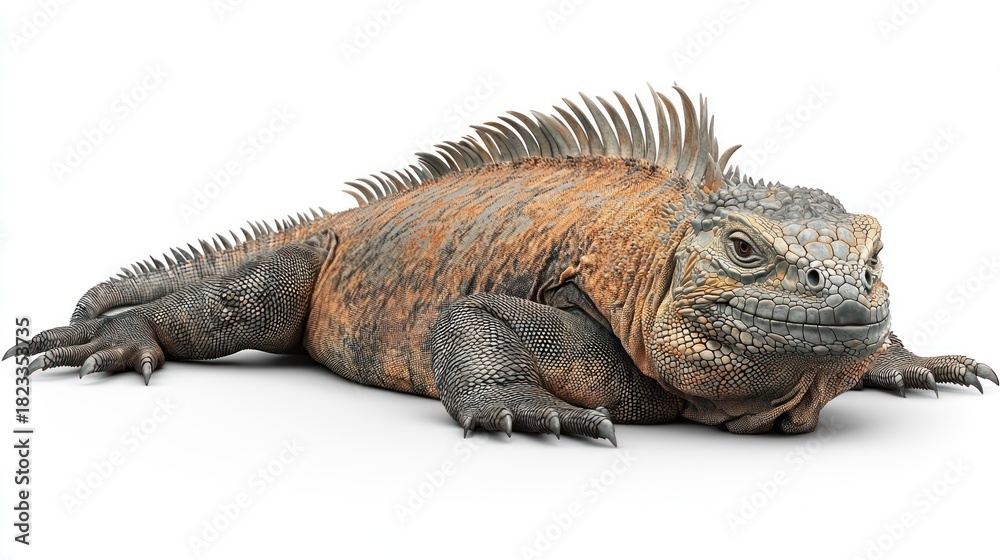 Obraz premium Marine iguana resting, orange and gray, on white background