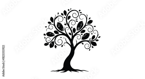 Elegant black silhouette of a stylized tree with decorative swirls and leaves on a white background.