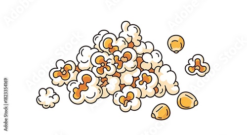 Hand drawn cartoon pile of salty popcorn with unpopped corn kernels isolated on white background

