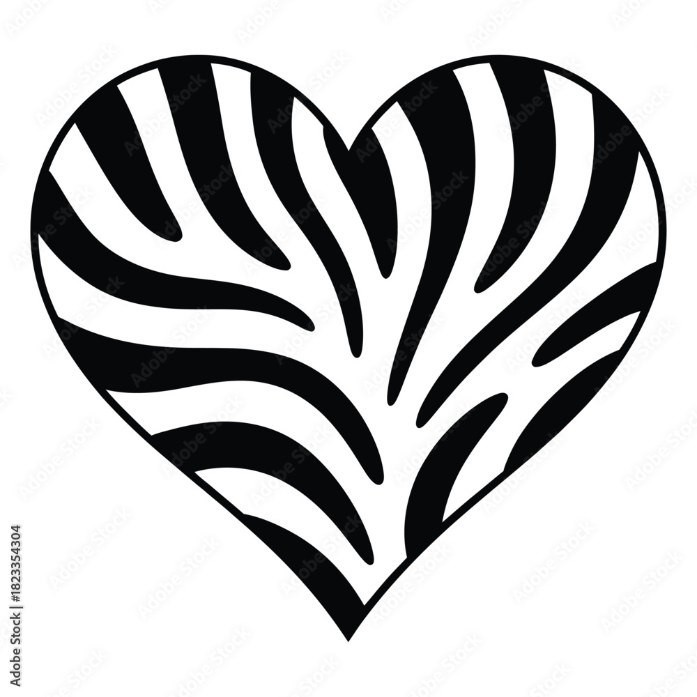 Fototapeta premium A stylized heart shape filled with a striking black and white zebra print pattern, symbolizing love, wildness, and unique style