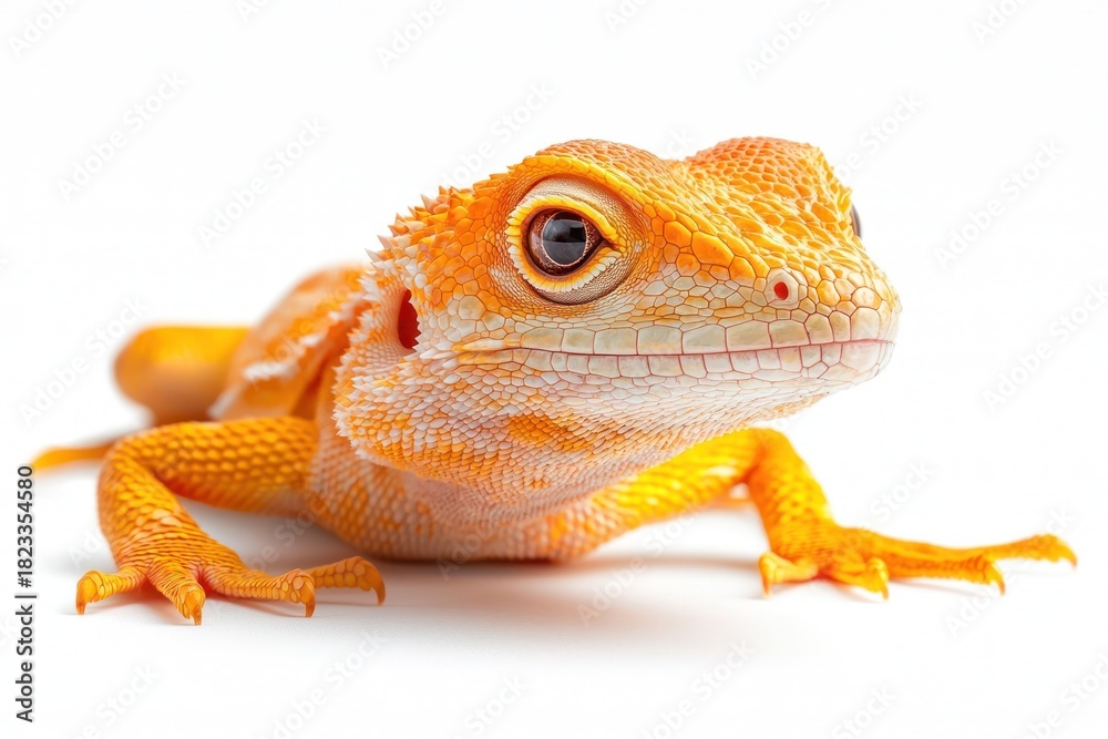 Obraz premium Orange lizard, close-up, facing forward, on a white background, slightly textured skin