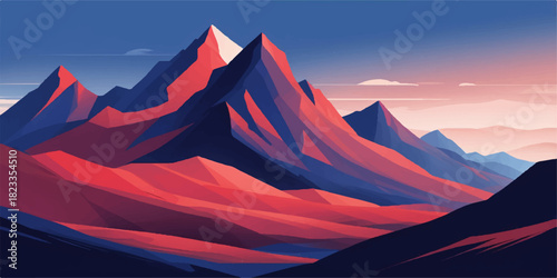 Sunlit red mountains blending into cool blue shadows across a tranquil open terrain