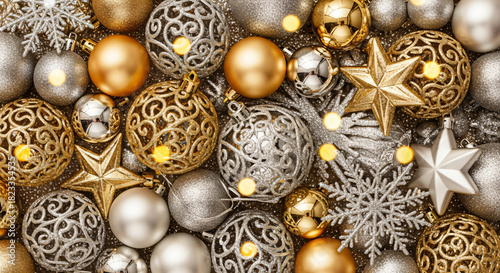 Celebrate the season with shimmering gold and silver ornaments, stars, and snowflakes bringing holiday cheer to festive decorations and seasonal promotions